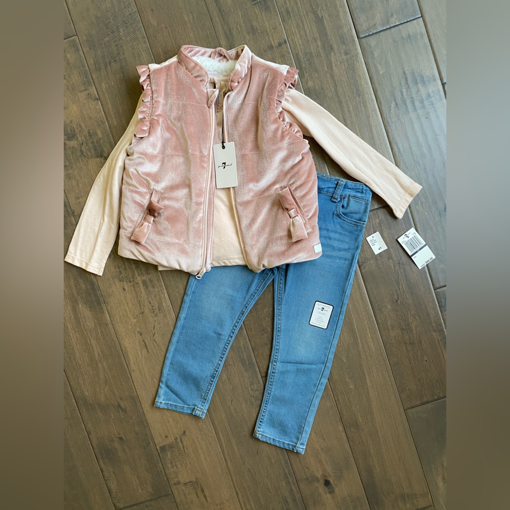 7 For All Mankind 3 piece set. NWT - jeans, shirt and Sherpa-lined vest. Size 4T